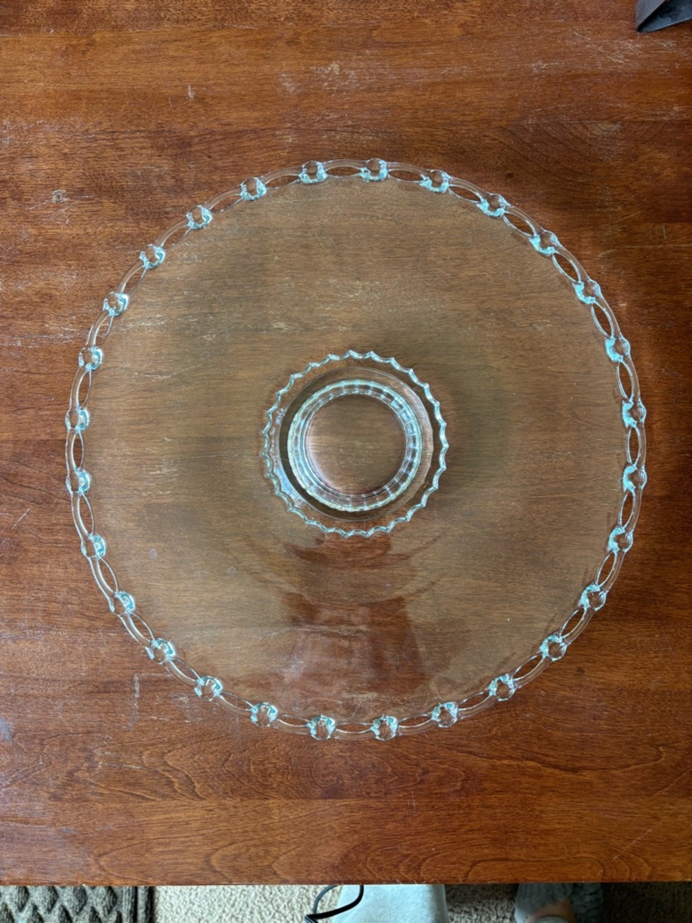 Vintage "open loop" or "lace edge" clear glass cake or sandwich pedestal plate